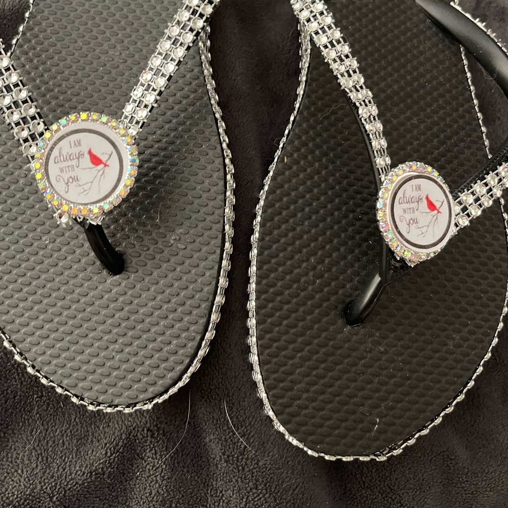 Black and Silver Flip Flops with Rhinestone Detail
